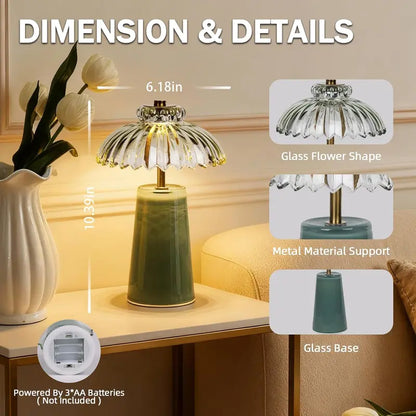 MJ PREMIER Cordless Battery-Operated Table Bedside Lamp with Timer, Crystal Glass Flower Lampshade, Warm LED Nightstand Lights for Bedroom Shelf, Ambient & Atmosphere Room Decor