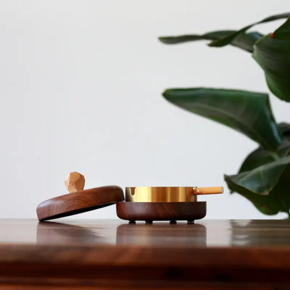 Walnut Wood Ashtray with Lid - Windproof&Odorless, Brass Metal Insert, Aesthetic Home Office Patio Decor, Gift for Men the Ultimate Hidden Ashtray Solid Walnut & Brass with Lid | Smell-Proof Desk Decor&Man Cave Essential Perfect Gift for Him,