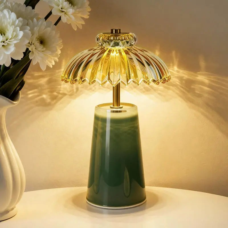 MJ PREMIER Cordless Battery-Operated Table Bedside Lamp with Timer, Crystal Glass Flower Lampshade, Warm LED Nightstand Lights for Bedroom Shelf, Ambient & Atmosphere Room Decor