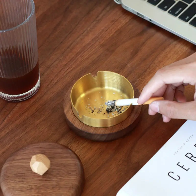 Walnut Wood Ashtray with Lid - Windproof&Odorless, Brass Metal Insert, Aesthetic Home Office Patio Decor, Gift for Men the Ultimate Hidden Ashtray Solid Walnut & Brass with Lid | Smell-Proof Desk Decor&Man Cave Essential Perfect Gift for Him,