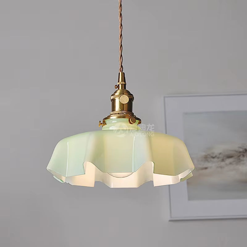 Cream-Style Glass Flower Skirt Dining Room Bedroom Bar Counter Chandelier Copper Lamp Head with Switch Ambient Lighting E27
