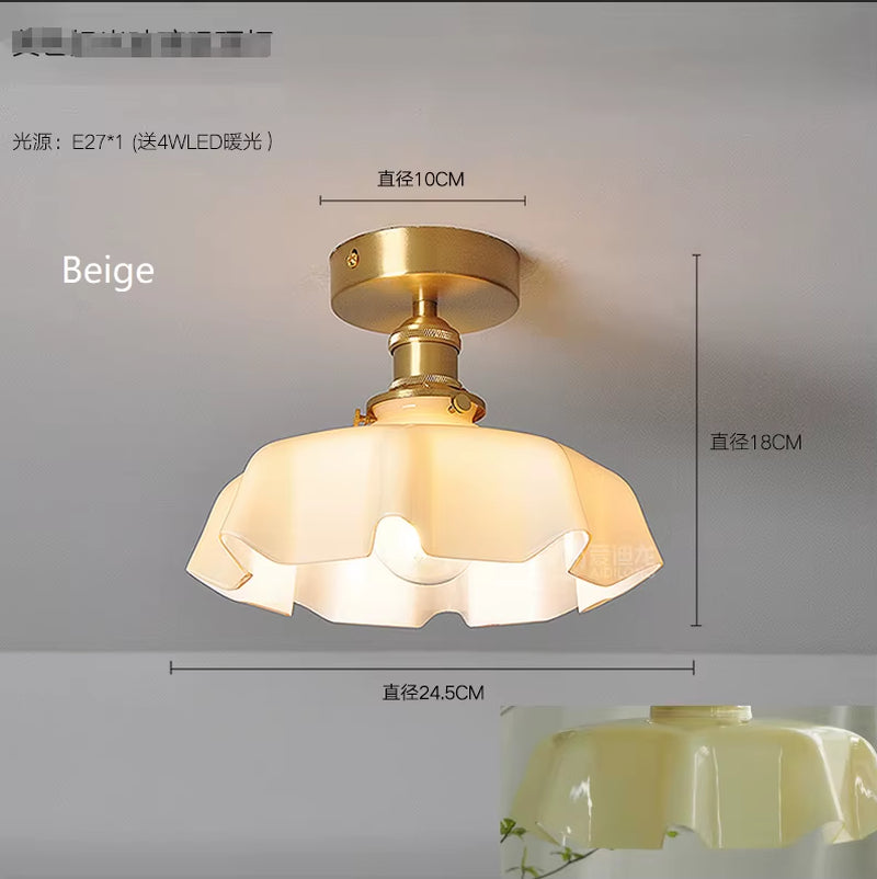 Cream-Style Glass Flower Skirt Dining Room Bedroom Bar Counter Chandelier Copper Lamp Head with Switch Ambient Lighting E27