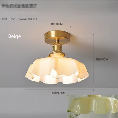 Cream-Style Glass Flower Skirt Dining Room Bedroom Bar Counter Chandelier Copper Lamp Head with Switch Ambient Lighting E27