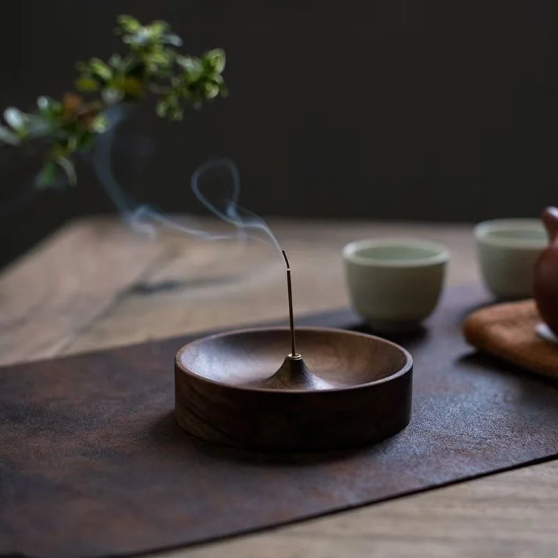 North American Black Walnut Solid Wood Incense Stick Burner Base Handmade Tea Ceremony round Incense Censer Agarwood Tray Holder