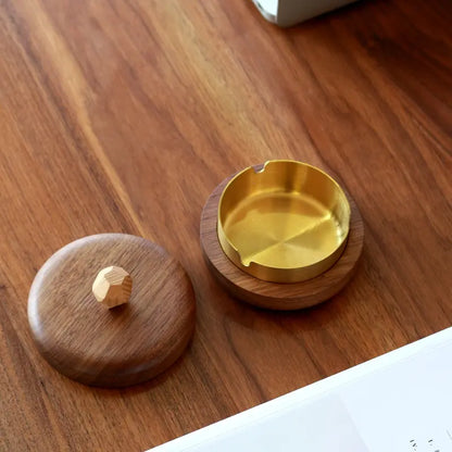 Walnut Wood Ashtray with Lid - Windproof&Odorless, Brass Metal Insert, Aesthetic Home Office Patio Decor, Gift for Men the Ultimate Hidden Ashtray Solid Walnut & Brass with Lid | Smell-Proof Desk Decor&Man Cave Essential Perfect Gift for Him,