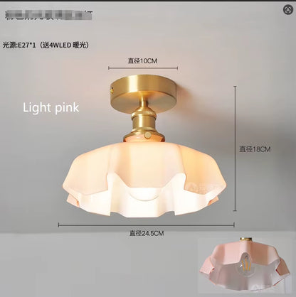 Cream-Style Glass Flower Skirt Dining Room Bedroom Bar Counter Chandelier Copper Lamp Head with Switch Ambient Lighting E27