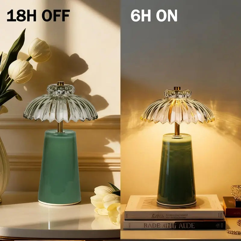 MJ PREMIER Cordless Battery-Operated Table Bedside Lamp with Timer, Crystal Glass Flower Lampshade, Warm LED Nightstand Lights for Bedroom Shelf, Ambient & Atmosphere Room Decor