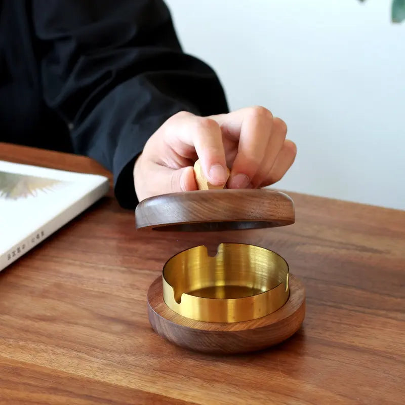 Walnut Wood Ashtray with Lid - Windproof&Odorless, Brass Metal Insert, Aesthetic Home Office Patio Decor, Gift for Men the Ultimate Hidden Ashtray Solid Walnut & Brass with Lid | Smell-Proof Desk Decor&Man Cave Essential Perfect Gift for Him,