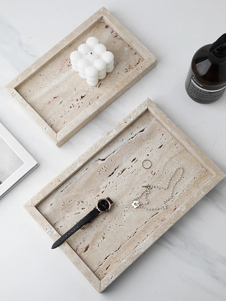Elegant Beige Travertine Marble Tray - Perfect for Perfume, Candles, Jewelry & More | Versatile Vanity & Serving Tray for Home Decor