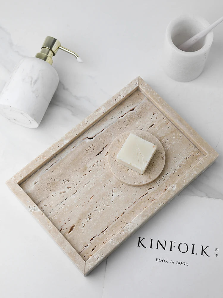 Elegant Beige Travertine Marble Tray - Perfect for Perfume, Candles, Jewelry & More | Versatile Vanity & Serving Tray for Home Decor