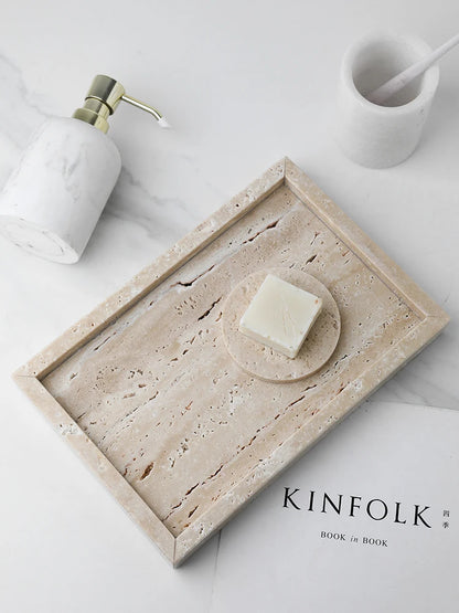 Elegant Beige Travertine Marble Tray - Perfect for Perfume, Candles, Jewelry & More | Versatile Vanity & Serving Tray for Home Decor