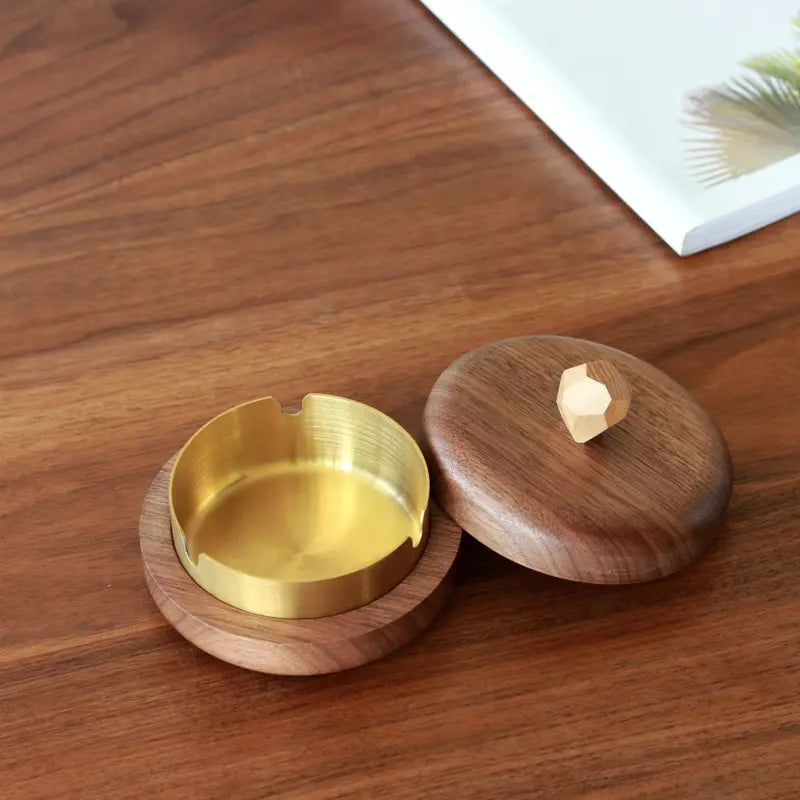 Walnut Wood Ashtray with Lid - Windproof&Odorless, Brass Metal Insert, Aesthetic Home Office Patio Decor, Gift for Men the Ultimate Hidden Ashtray Solid Walnut & Brass with Lid | Smell-Proof Desk Decor&Man Cave Essential Perfect Gift for Him,