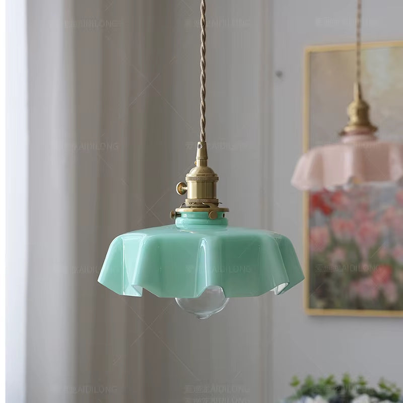 Cream-Style Glass Flower Skirt Dining Room Bedroom Bar Counter Chandelier Copper Lamp Head with Switch Ambient Lighting E27