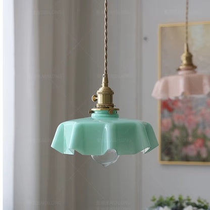Cream-Style Glass Flower Skirt Dining Room Bedroom Bar Counter Chandelier Copper Lamp Head with Switch Ambient Lighting E27