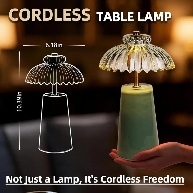 MJ PREMIER Cordless Battery-Operated Table Bedside Lamp with Timer, Crystal Glass Flower Lampshade, Warm LED Nightstand Lights for Bedroom Shelf, Ambient & Atmosphere Room Decor
