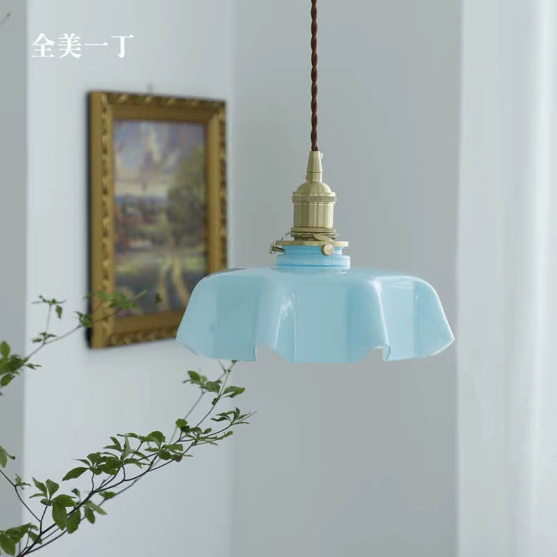 Cream-Style Glass Flower Skirt Dining Room Bedroom Bar Counter Chandelier Copper Lamp Head with Switch Ambient Lighting E27