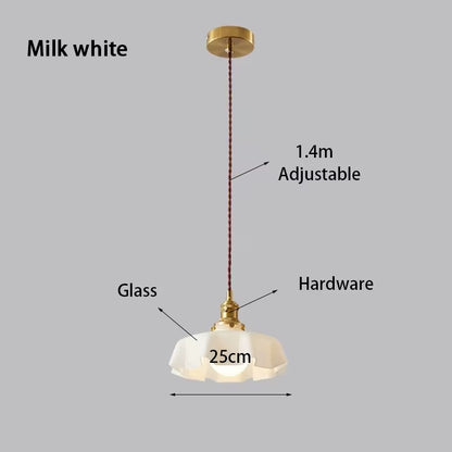 Cream-Style Glass Flower Skirt Dining Room Bedroom Bar Counter Chandelier Copper Lamp Head with Switch Ambient Lighting E27