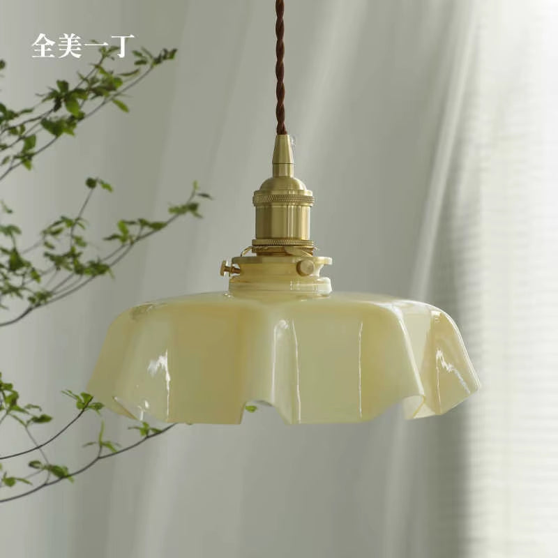 Cream-Style Glass Flower Skirt Dining Room Bedroom Bar Counter Chandelier Copper Lamp Head with Switch Ambient Lighting E27