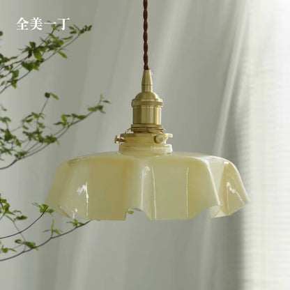 Cream-Style Glass Flower Skirt Dining Room Bedroom Bar Counter Chandelier Copper Lamp Head with Switch Ambient Lighting E27
