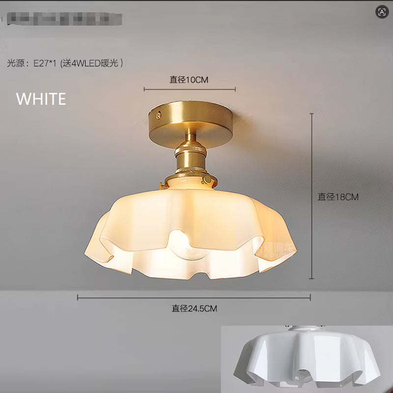 Cream-Style Glass Flower Skirt Dining Room Bedroom Bar Counter Chandelier Copper Lamp Head with Switch Ambient Lighting E27