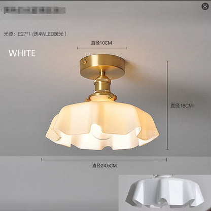 Cream-Style Glass Flower Skirt Dining Room Bedroom Bar Counter Chandelier Copper Lamp Head with Switch Ambient Lighting E27