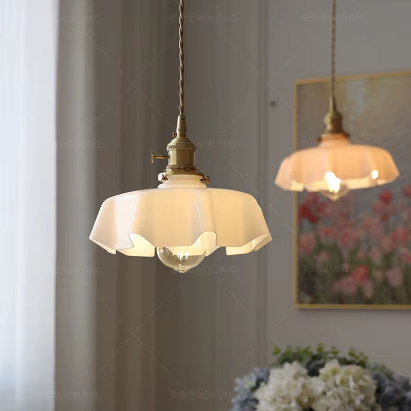 Cream-Style Glass Flower Skirt Dining Room Bedroom Bar Counter Chandelier Copper Lamp Head with Switch Ambient Lighting E27
