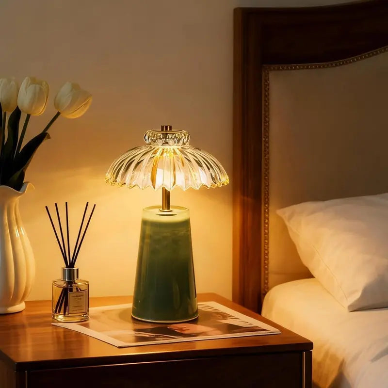 MJ PREMIER Cordless Battery-Operated Table Bedside Lamp with Timer, Crystal Glass Flower Lampshade, Warm LED Nightstand Lights for Bedroom Shelf, Ambient & Atmosphere Room Decor