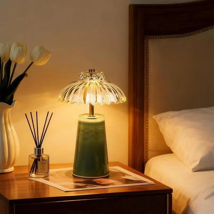 MJ PREMIER Cordless Battery-Operated Table Bedside Lamp with Timer, Crystal Glass Flower Lampshade, Warm LED Nightstand Lights for Bedroom Shelf, Ambient & Atmosphere Room Decor