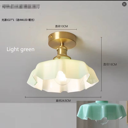 Cream-Style Glass Flower Skirt Dining Room Bedroom Bar Counter Chandelier Copper Lamp Head with Switch Ambient Lighting E27