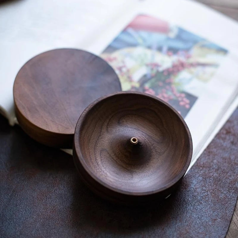 North American Black Walnut Solid Wood Incense Stick Burner Base Handmade Tea Ceremony round Incense Censer Agarwood Tray Holder