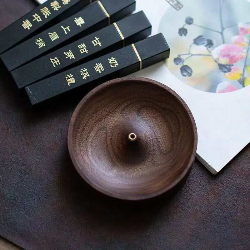 North American Black Walnut Solid Wood Incense Stick Burner Base Handmade Tea Ceremony round Incense Censer Agarwood Tray Holder