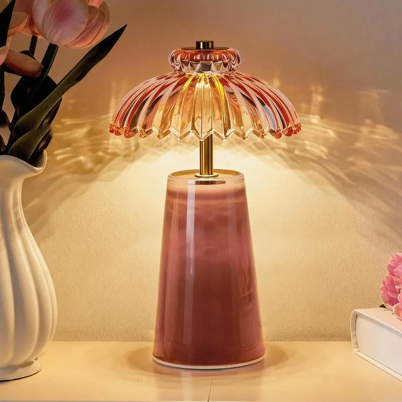 MJ PREMIER Cordless Battery-Operated Table Bedside Lamp with Timer, Crystal Glass Flower Lampshade, Warm LED Nightstand Lights for Bedroom Shelf, Ambient & Atmosphere Room Decor