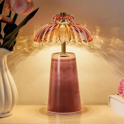 MJ PREMIER Cordless Battery-Operated Table Bedside Lamp with Timer, Crystal Glass Flower Lampshade, Warm LED Nightstand Lights for Bedroom Shelf, Ambient & Atmosphere Room Decor