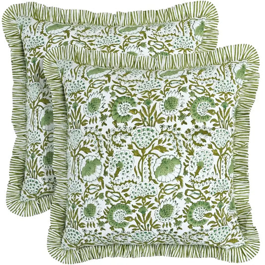 Cotton Print Club 100% Cotton Block Print Ruffle Bohemian Cushion Covers (Agate Green, Set of 2) - Fade-Resistant, Machine-Washable, Zipper-Closure Room Decor for Living Room, Gift